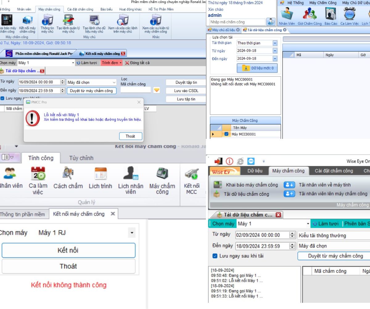 lỗi máy chấm công không kết nói tính
